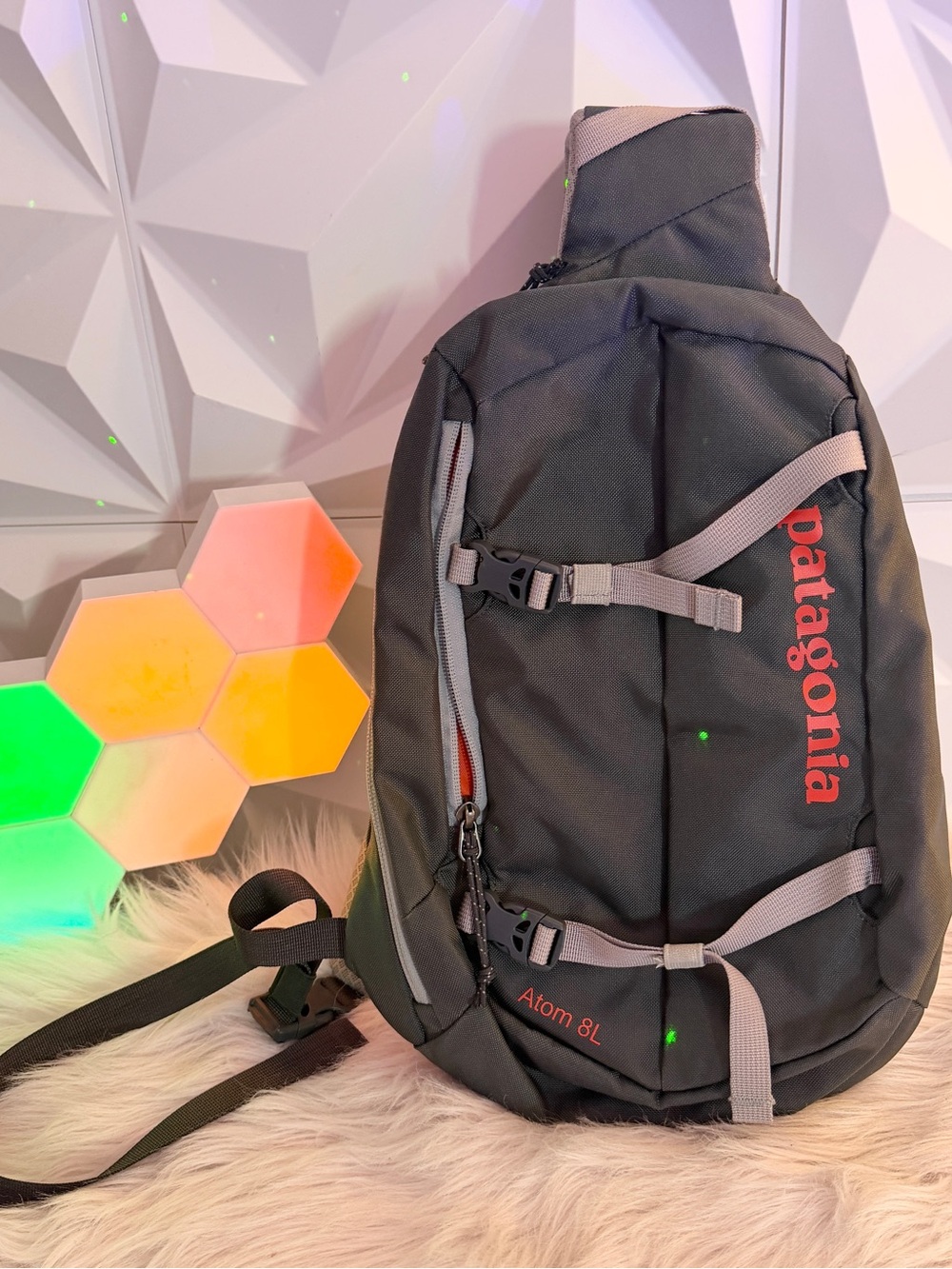 Patagonia Black Sling Pack with Red Logo and Gray Straps